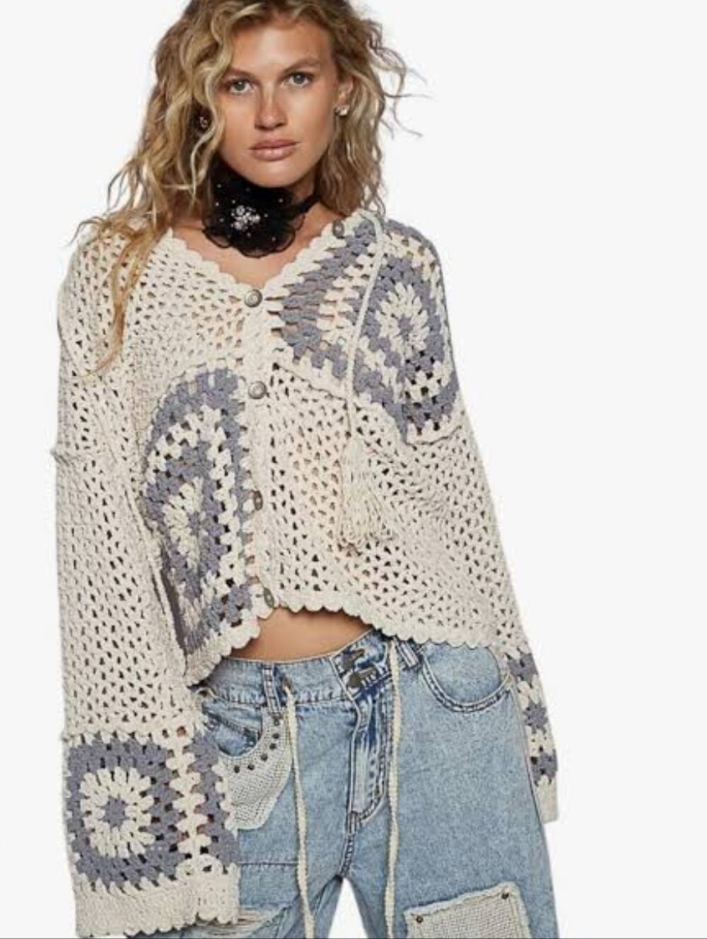 POL Bohemian Crocheted Cardigan Cream & Gray Size Small